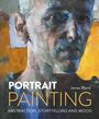 Text: "Portrait Painting: Abstraction, Storytelling and Mood, James Bland". 
Ein abstraktes Porträt in Blau- und Gelbtönen.
