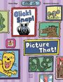 Texte: Click! Snap! Picture That! Illustrationen von Tieren in Bilderrahmen auf lila gestreiftem Hintergrund.