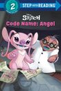 "Step into Reading. Disney Stitch: Code Name: Angel." Eine pinke Kreatur und ein Wissenschaftler stehen zusammen und lächeln.