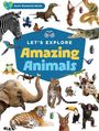 "Let's Explore Amazing Animals" steht auf einem blauen Hintergrund mit vielen Tieren wie Zebra, Elefant und Tiger drumherum.