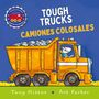 „TOUGH TRUCKS“, „CAMIONES COLOSALES“. Ein Zeichentricklastwagen mit einem Tier als Fahrer auf blauem Hintergrund.