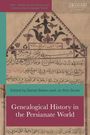 "Genealogical History in the Persianate World" steht in weißem Text auf rotem Hintergrund, darunter arabische Kalligrafie.