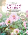 "Backyard Cutting Garden" oben, mit Blumenmotiv: rosa Dahlien vor unscharfem grünem Hintergrund, Text in Kreisen.