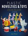 "Plastic Novelties & Toys of the '40s, '50s, and '60s, 2nd Edition, Jean Rossi." Verschiedene bunte Vintage-Spielzeugfiguren.