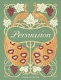 "Persuasion, Jane Austen." Zwei stilisierte Pfauen mit Weintrauben und Blättern auf grünem Hintergrund. Art Nouveau-Stil.