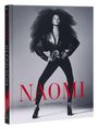 „NAOMI IN FASHION“ in roter Schrift. Schwarz-weißes Foto einer Frau in modischer Pose mit voluminösem Haar.