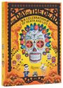 "The Day of the Dead: A Celebration of Death and Life." Lebhafte Totenkopf-Illustration mit Blumenkranz auf gelbem Hintergrund.