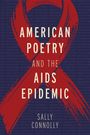 "American Poetry and the AIDS Epidemic" von Sally Connolly, rotes Band auf blauem Hintergrund.