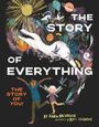 „The Story of Everything. The Story of You!" Zwei Kinder rennen fröhlich. Illustrationen von Sonne, Dinosaurier und Planeten.