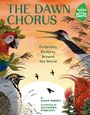 "THE DAWN CHORUS" oben. Illustration: Bunte Vögel, z.B. Papagei, Kranich, vor einem Sonnenaufgang, mit Pflanzen umgeben.