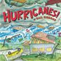 Text: "HURRICANES! by Gail Gibbons." Illustration eines Sturms mit umgestürztem Bus, beschädigtem Haus, stürzenden Wellen und Regen.