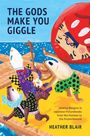 Text: "The Gods Make You Giggle. Finding Religion in Japanese Picturebooks from the Postwar to the Postmillennial. Heather Blair." 

Bildbeschreibung: Bunte Figuren in lebendiger Pose am Strand.