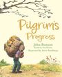 "Pilgrim's Progress", John Bunyan. Illustration: Eine Person mit großem Rucksack, Buch und Blumen am Wegesrand.