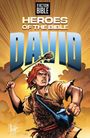 Text: "The Action Bible", "Heroes of the Bible", "David". Illustration: Junge mit einer Schleuder, dynamisch und entschlossen.