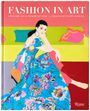 Titel: Fashion in Art. Eine Frau in einem blauen, blumigen Kleid sitzt auf einem Sofa.
