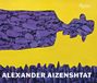 "Alexander Aizenshtat", gelb-violette Illustration eines großen, abstrakten Tieres über kantigen Formen.