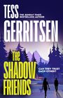 "Tess Gerritsen: The Shadow Friends. Can they trust each other?" Ein Wald mit zwei Silhouetten, nächtliche Szene.