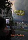 „Wildfire Verses“ in gelber Schrift, „Sakiru Adebayo“ in orange. Person fotografiert brennenden Wald hinter Gebäuden.