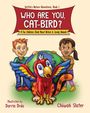 "Who Are You, Cat-Bird?" Zwei Kinder halten eine Weltkugel, davor ein bunter Vogel mit Tigerstreifen.