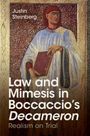 Text: "Justin Steinberg, Law and Mimesis in Boccaccio's Decameron, Realism on Trial." Illustration eines Mannes mit Buch.