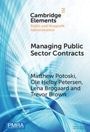 Text: "Cambridge Elements, Managing Public Sector Contracts, Matthew Potoski, Ole Helby Petersen, Lena Brogaard und Trevor Brown." Abstrakte blaue Wellenformen im Hintergrund.
