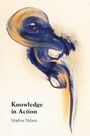 "Knowledge in Action, Markos Valaris." Abstrakte Malerei in Blau- und Goldtönen, geschwungene Pinselstriche.