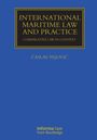 „INTERNATIONAL MARITIME LAW AND PRACTICE” von Časlav Pejović, blaue Buchabdeckung, goldene Schrift.