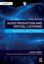 Titel: "Audio Production and Critical Listening: Technical Ear Training". Unten steht "Jason Corey". Hintergrund: Blaue Wellenmuster.