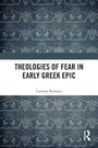 Text: "Theologies of Fear in Early Greek Epic" von Carman Romano. Hintergrund: Blaues, gemustertes Muster, rechts Logo.