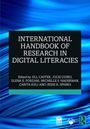 Der Text lautet: "International Handbook of Research in Digital Literacies". Cover mit blau-schwarzem Wellenmuster.