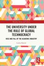 Text: "THE UNIVERSITY UNDER THE RULE OF GLOBAL TECHNOCRACY: RISE AND FALL OF THE ACADEMIC INDUSTRY" von Carlos Hoevel. Buntes geometrisches Muster und Verlagslogo.