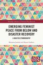 "EMERGING FEMINIST PEACE FROM BELOW AND DISASTER RECOVERY. Bunte Dreiecke als Hintergrundmuster."