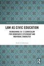 Text: "Law as Civic Education", "Reimagining a K-12 curriculum...", "Ariel J. Liberman". Rauten-Muster mit Blüten auf blauem Hintergrund.