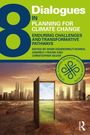 "8 Dialogues in Planning for Climate Change" auf grünem Hintergrund; Illustration einer Tür zu grüner Landschaft vor einer Stadt.