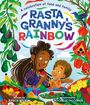 „RASTA GRANNY'S RAINBOW“: Eine ältere Frau und ein Kind essen buntes Obst, umgeben von Pflanzen und Tieren.