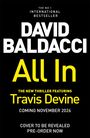Text: "David Baldacci, The new thriller featuring Travis Devine, coming November 2026, cover to be revealed, pre-order now." Schwarzer Hintergrund.