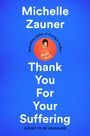 Text: Michelle Zauner, Thank You For Your Suffering. Illustration: Frau hält Lebensmittel, blauer Hintergrund.