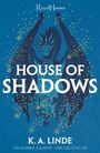 "House of Shadows", K. A. Linde. Illustration: Drache über einem Schloss, umgeben von gelben Funken auf blauem Hintergrund.