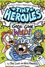 Eine Comic-Titelillustration mit "Tiny Hercules: Gods Gone Wild!". Ein Kind, ein überrascht schauendes Mädchen und ein fröhlicher Junge mit blauem Haar.