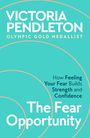 „VICTORIA PENDLETON OLYMPIC GOLD MEDALLIST“, „How Feeling Your Fear Builds Strength and Confidence“, „The Fear Opportunity“. Türkise Hintergrundfarbe mit kreisförmigen Linien.