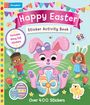 „Happy Easter Sticker Activity Book“, „Includes shiny foil stickers“, „Over 400 Stickers“. Eine fröhliche Osterhasen-Illustration mit spielenden Kindern und Ostereiern.