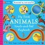 "My First Animals Touch-and-Feel Playbook" zeigt diverse bunte Tiere und ein großes Krokodil, illustriert von Axel Scheffler.