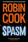Titel: "SPASM" von Robin Cook, orange auf Schwarz, gestörte digitale Schrift, rote Flecken als Effekt.