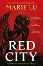 „RED CITY. POWER ALWAYS HAS A PRICE.“ zeigt eine stilisierte schwarze Löwenfigur vor rotem Hintergrund.