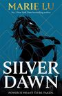 "Marie Lu. Silver Dawn. Power is meant to be taken." Darstellung eines stilisierten Pferdes vor geometrischem Hintergrund.
