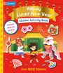"Happy Lunar New Year Sticker Activity Book", bunte Kinder in traditionellen Kostümen, Laternen, Drachen, Fächer.