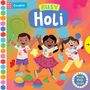 "Busy Holi" steht in der Mitte, Kinder spielen fröhlich mit Farben, und die Szene ist mit bunten Pulverhaufen gestaltet.