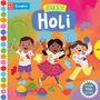 Aufschrift: "Busy Holi". Drei fröhliche Kinder spielen mit buntem Pulver. Lebendige Farben und verspielte Elemente.