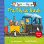 Titel: "The Tickle Book". Ein bunter Zug mit fröhlichen Figuren, darunter ein Junge, Tiere und ein Vogel.