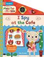 Text: "The World of Maurice and Muffin", "I Spy at the Cafe", "With press-out characters", "Bee Brown". Illustration: Bär im Café.